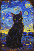 Vintage Starry Night Cat Metal Sign: Van Gogh Style Wall Art