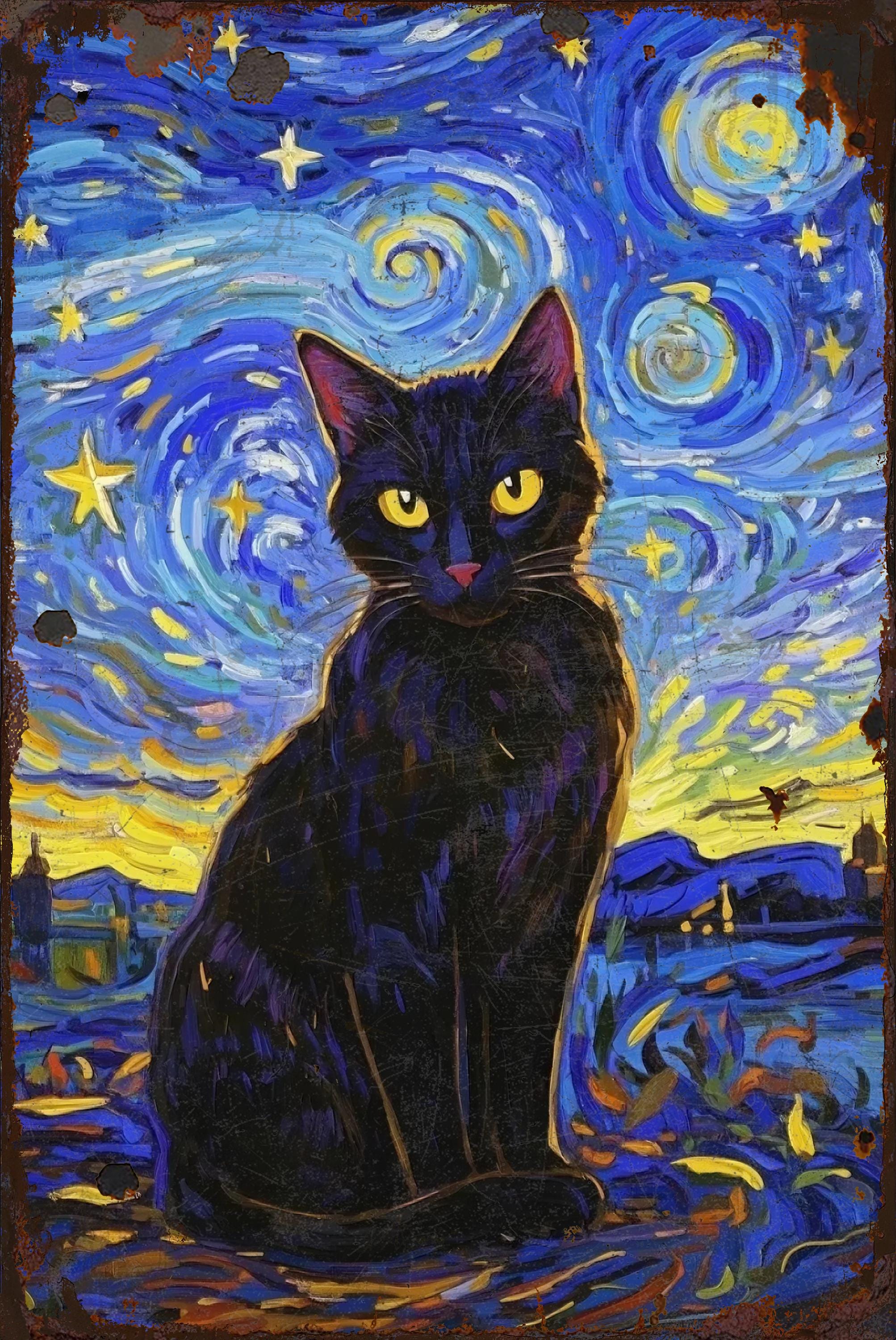 Vintage Starry Night Cat Metal Sign: Van Gogh Style Wall Art