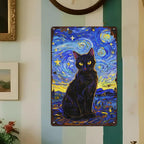 Vintage Starry Night Cat Metal Sign: Van Gogh Style Wall Art