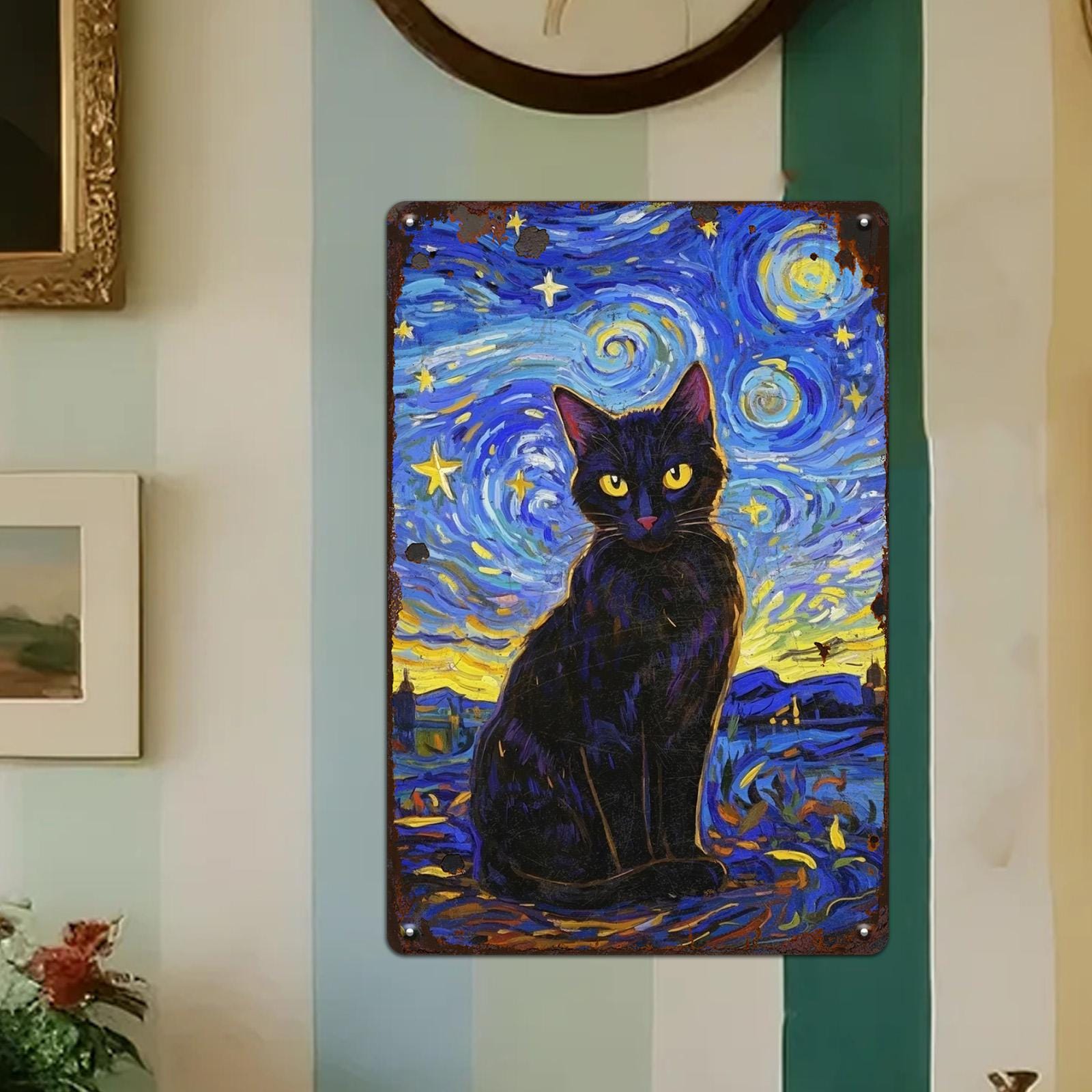 Vintage Starry Night Cat Metal Sign: Van Gogh Style Wall Art