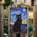 Vintage Starry Night Cat Metal Sign: Van Gogh Style Wall Art