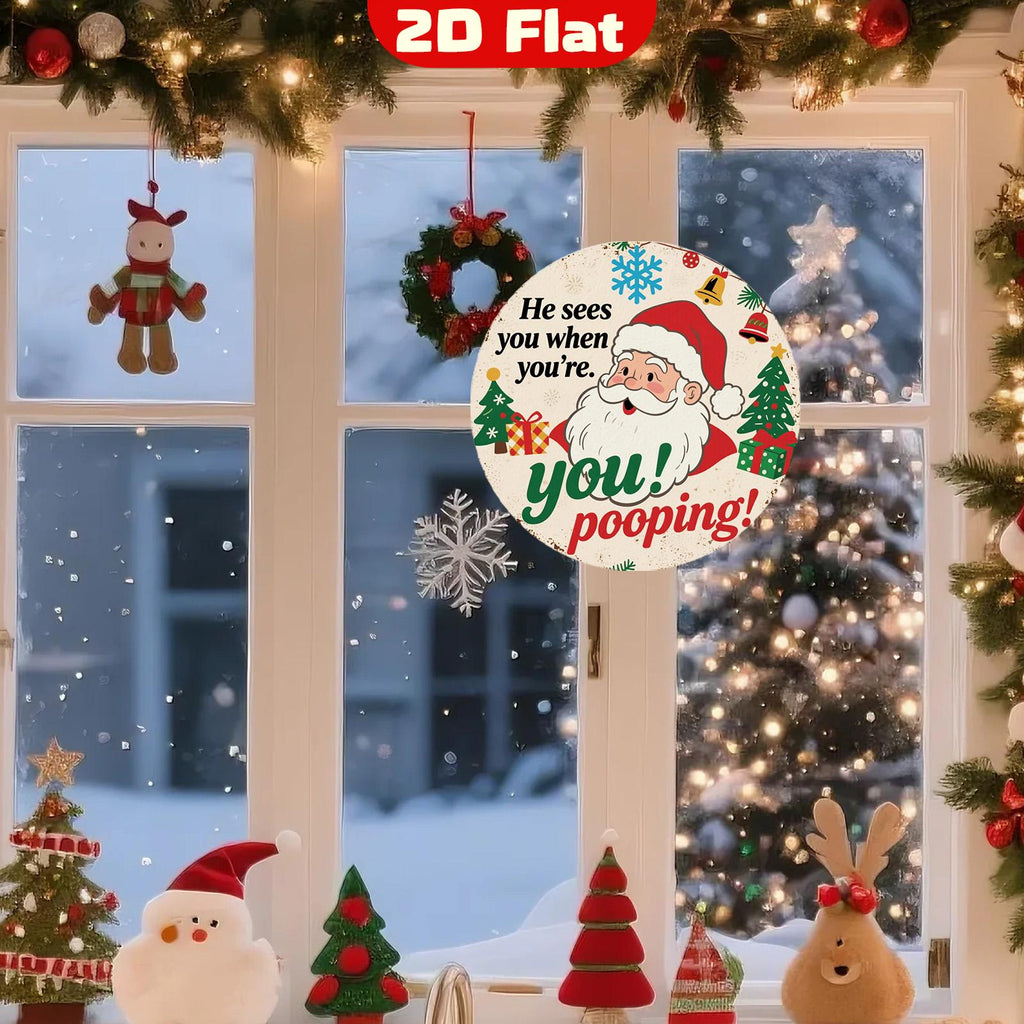 Funny Santa Pooping Metal Sign: Festive Holiday Bathroom Decor