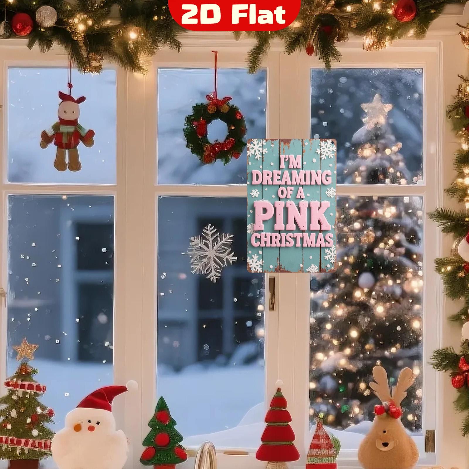 Vintage Pink Christmas Metal Sign: Aqua Blue Snowflakes, Rustic Wall Art