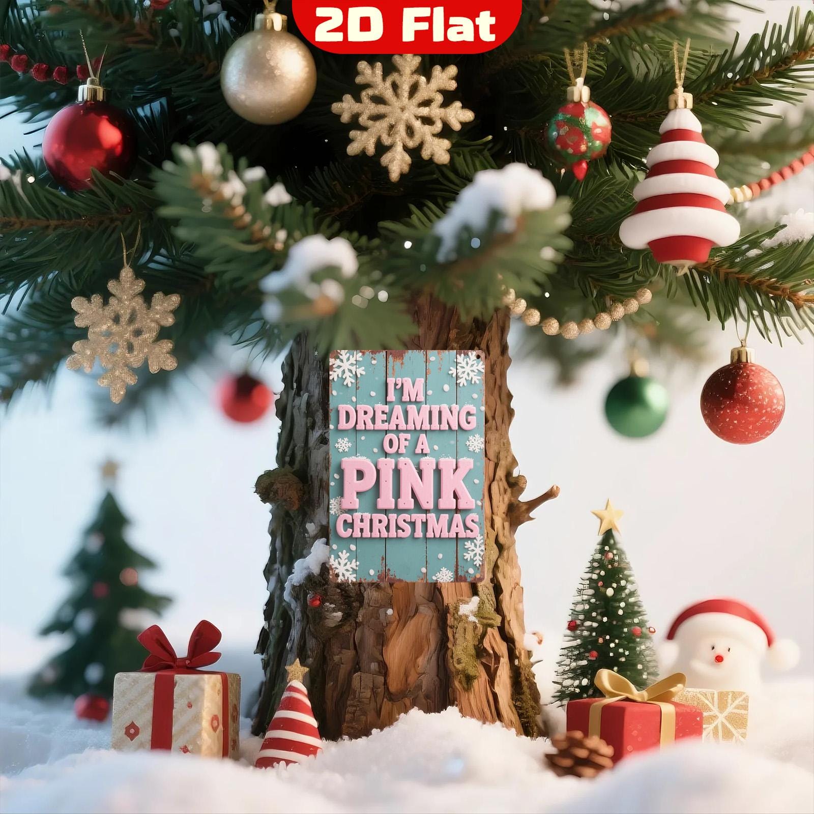 Vintage Pink Christmas Metal Sign: Aqua Blue Snowflakes, Rustic Wall Art