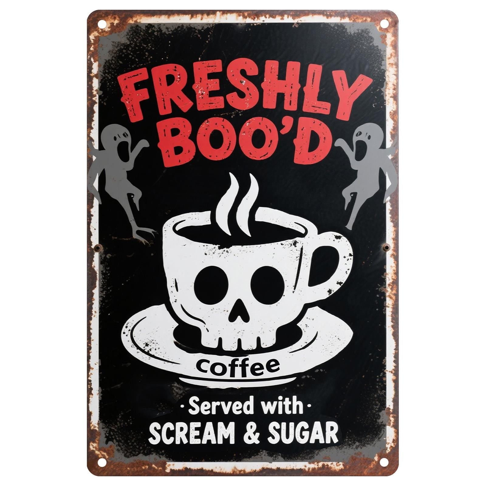 Halloween Metal Sign: Freshly Boo'd Coffee, Vintage Rustic Kitchen Decor