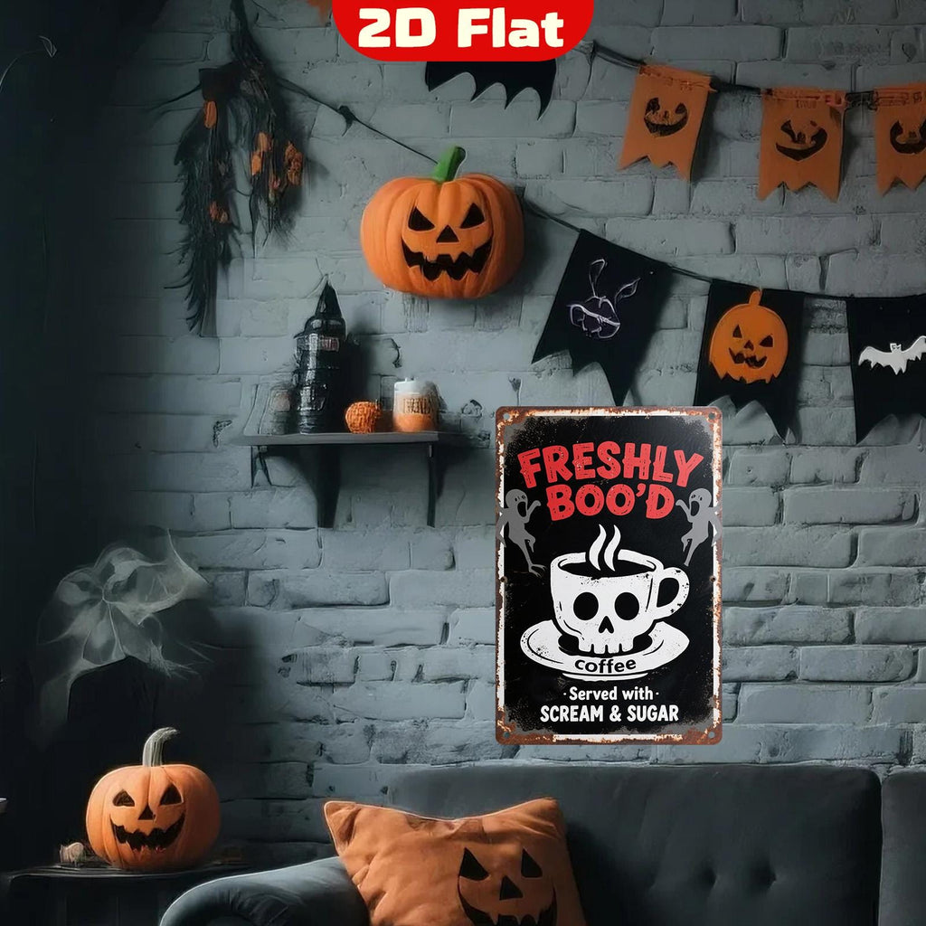 Halloween Metallschild | Frisch Geisterte KaffeeVintage Rustikale Küchendekoration