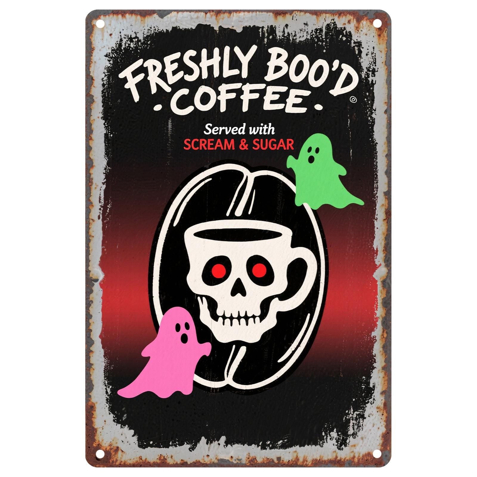 Halloween Coffee Metal Sign: Freshly Boo'd, Vintage Rustic Kitchen Decor