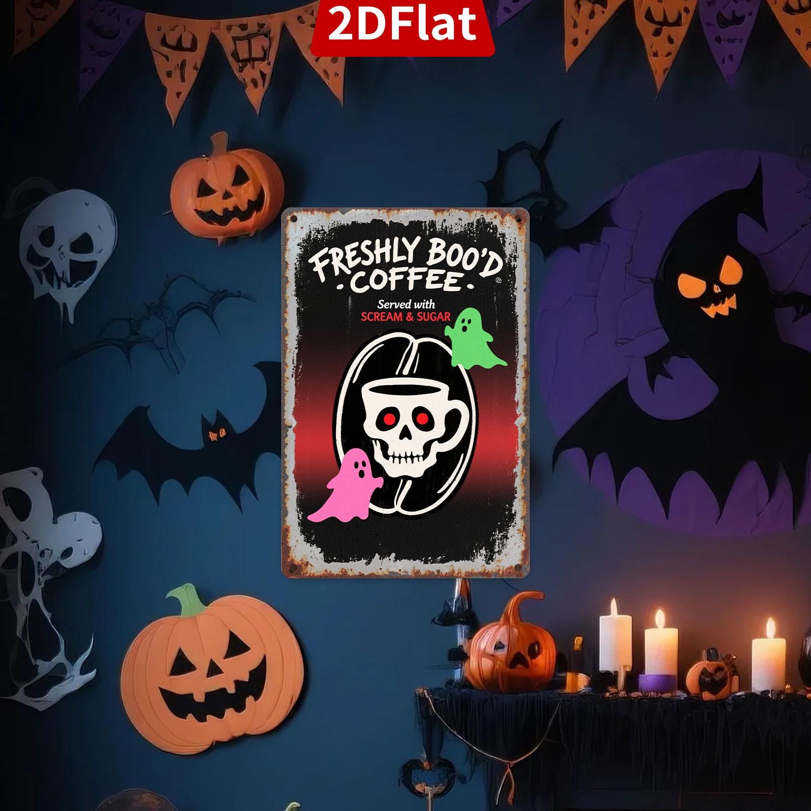 Halloween Coffee Metal Sign: Freshly Boo'd, Vintage Rustic Kitchen Decor