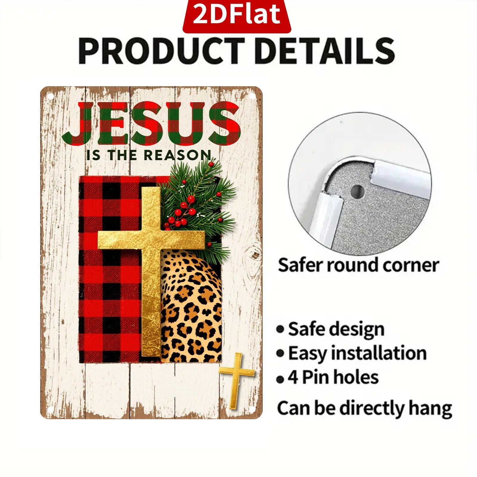 Jesus Christmas Metal Sign: Religious Plaid Cross Wall Art