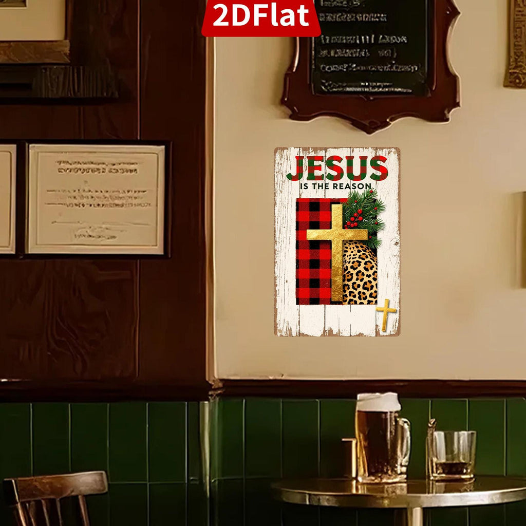 Jesus Christmas Metal Sign: Religious Plaid Cross Wall Art