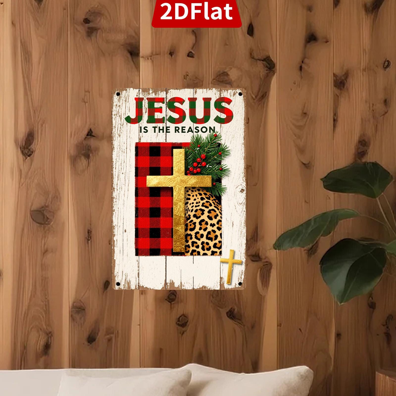 Jesus Christmas Metal Sign: Religious Plaid Cross Wall Art