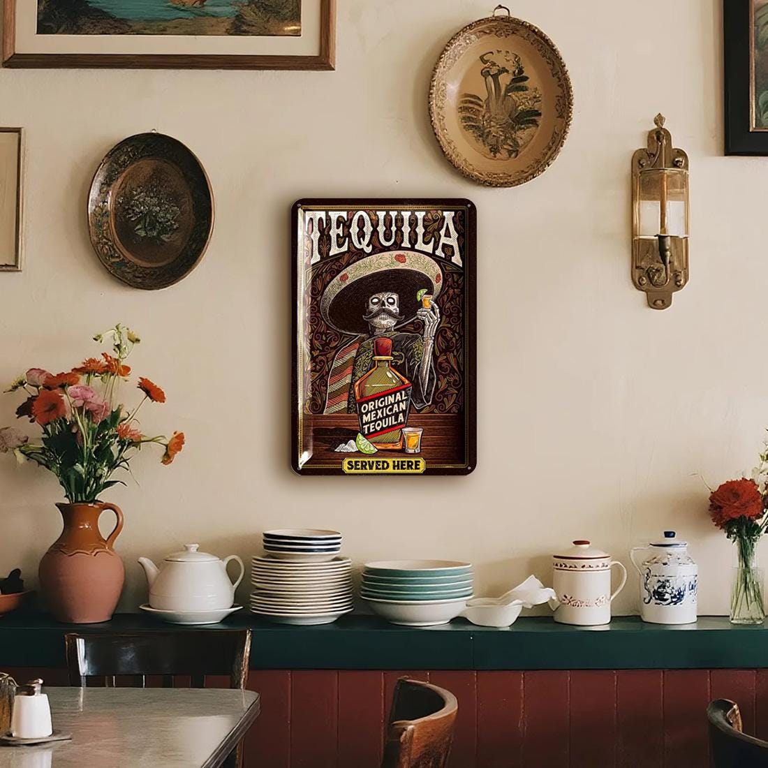 Vintage Tequila Metal Sign: Mexican Skeleton Bar Decor