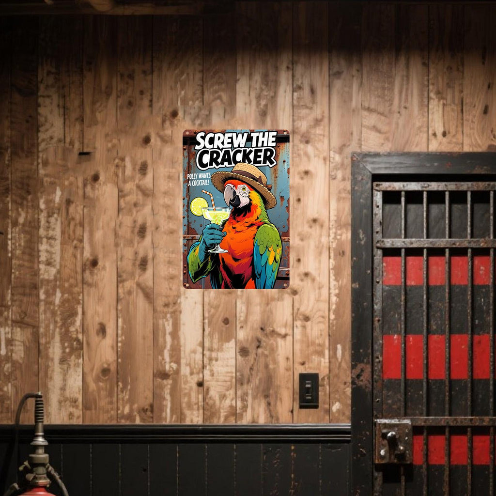 Funny Parrot Cocktail Metal Sign: Retro Tropical Bar Decor