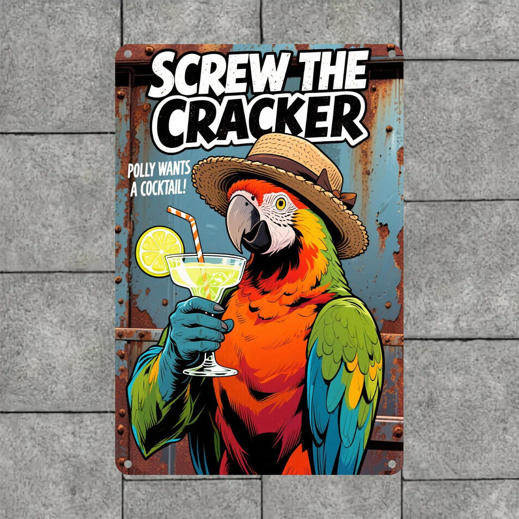 Funny Parrot Cocktail Metal Sign: Retro Tropical Bar Decor