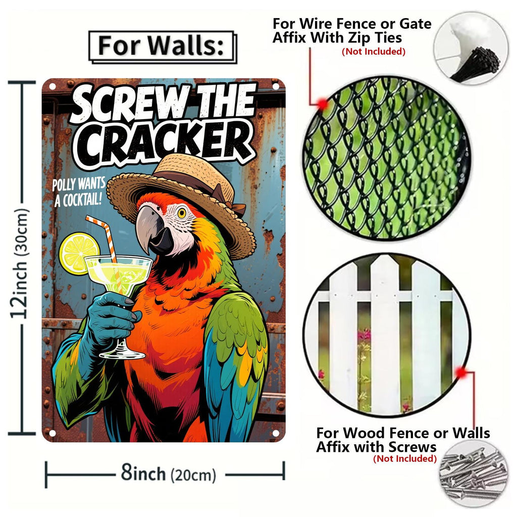 Funny Parrot Cocktail Metal Sign: Retro Tropical Bar Decor