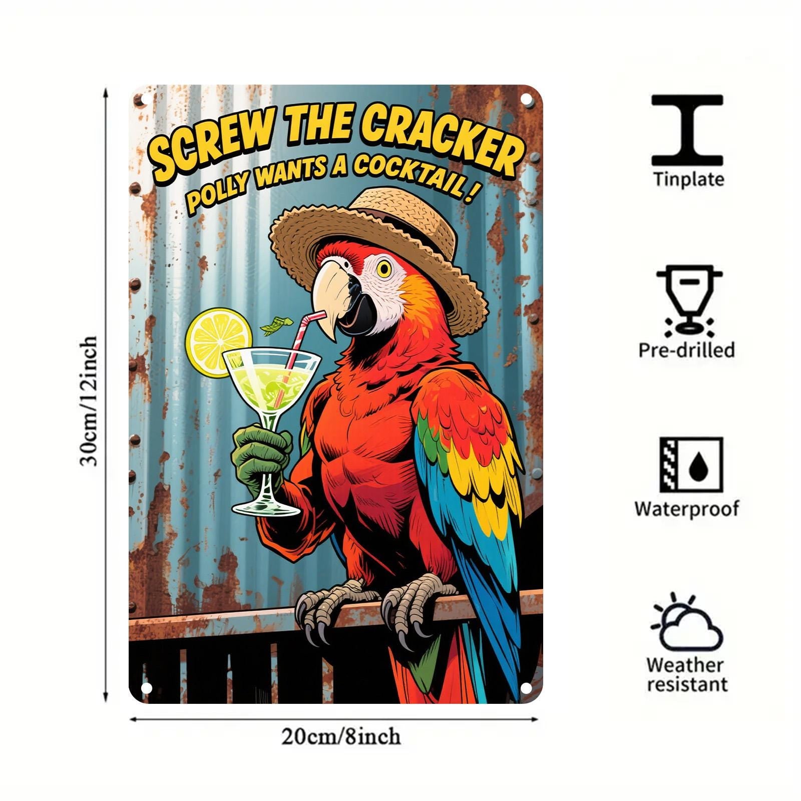 Funny Parrot Cocktail Metal Sign: Tropical Bar Decor