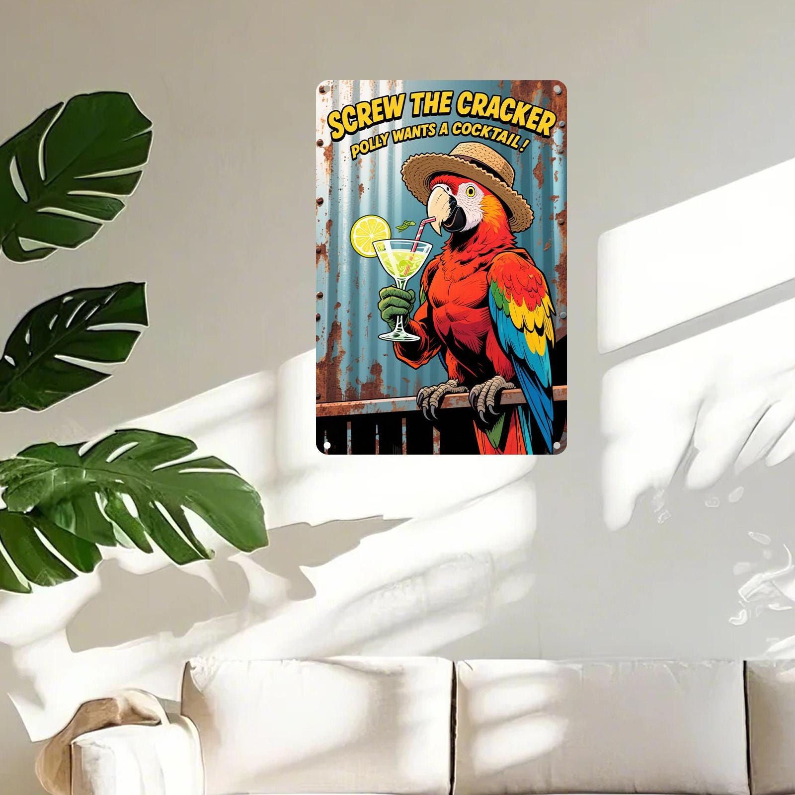 Funny Parrot Cocktail Metal Sign: Tropical Bar Decor