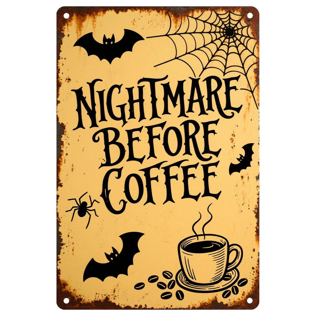 Panneau métallique vintage Nightmare Before Coffee | Décoration d'Halloween, Chauves-souris et toile d'araignée