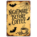 Panneau métallique vintage Nightmare Before Coffee | Décoration d'Halloween, Chauves-souris et toile d'araignée