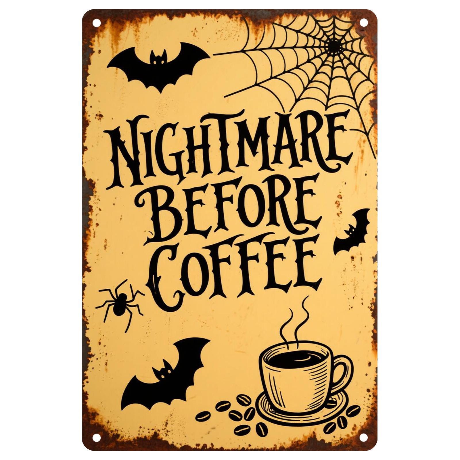 Panneau métallique vintage Nightmare Before Coffee | Décoration d'Halloween, Chauves-souris et toile d'araignée