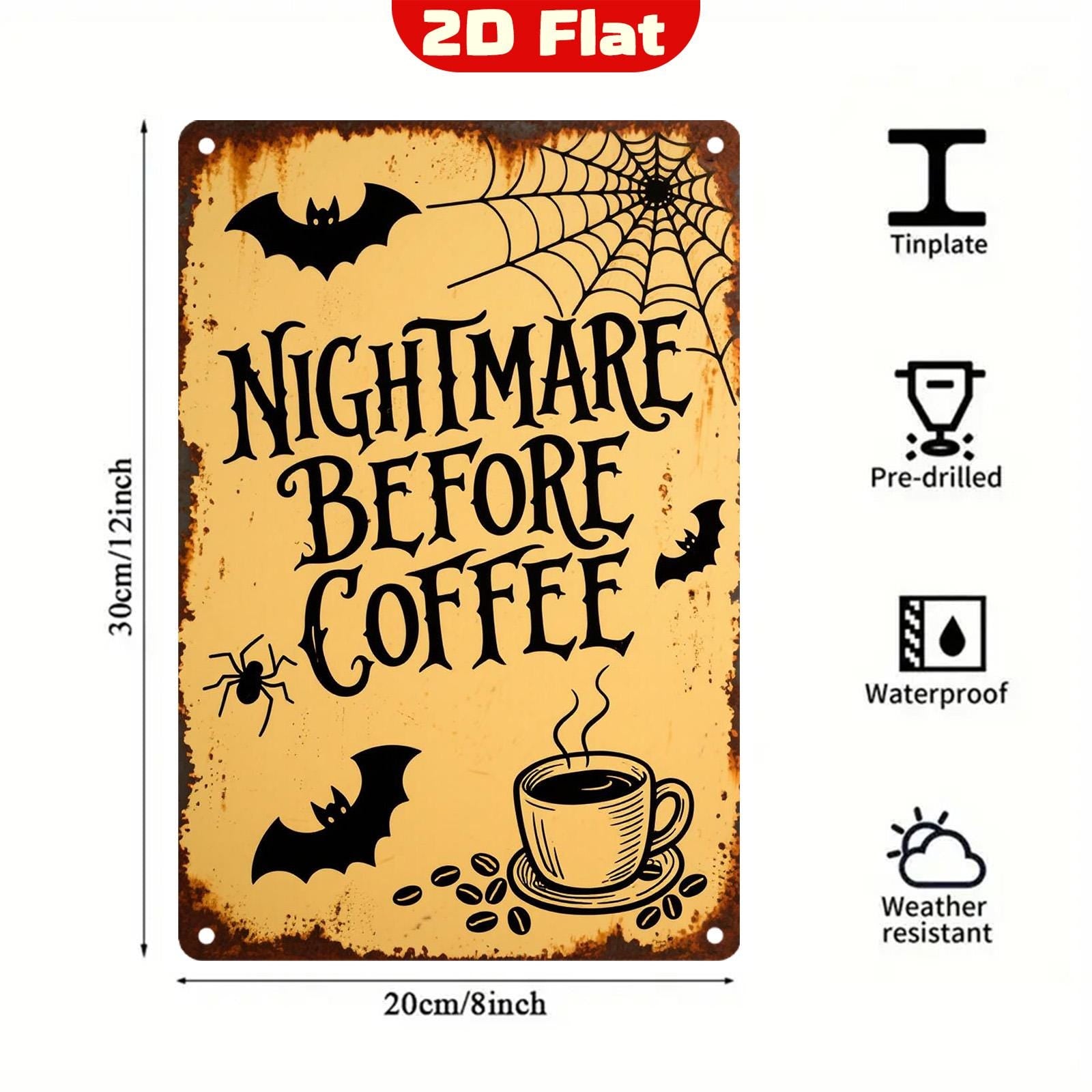 Panneau métallique vintage Nightmare Before Coffee | Décoration d'Halloween, Chauves-souris et toile d'araignée