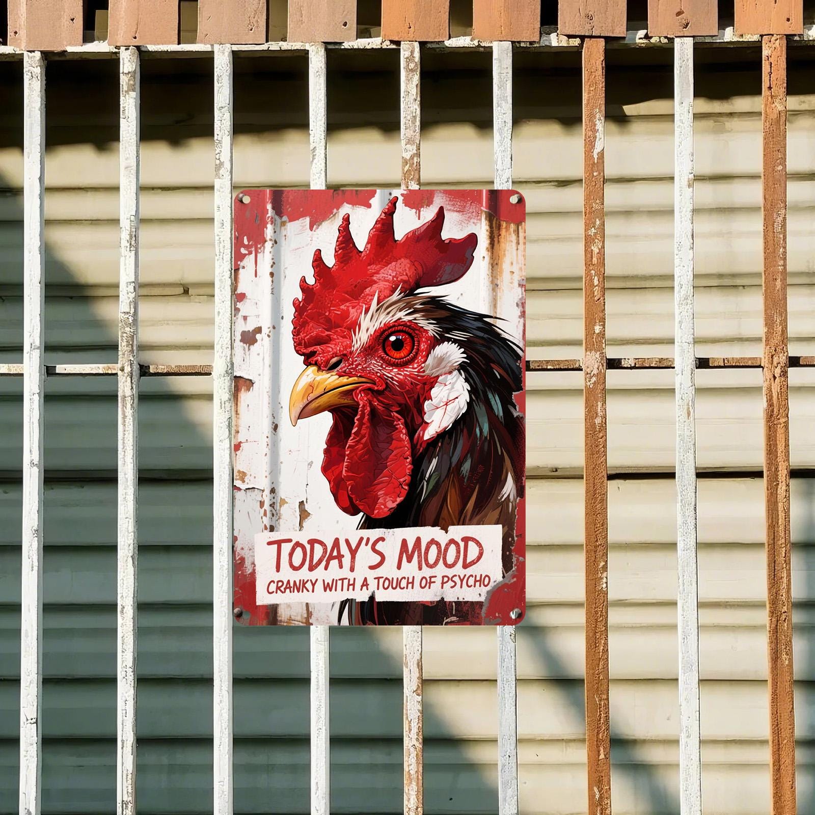 Funny Cranky Rooster Metal Sign: Retro Farmhouse Kitchen Art