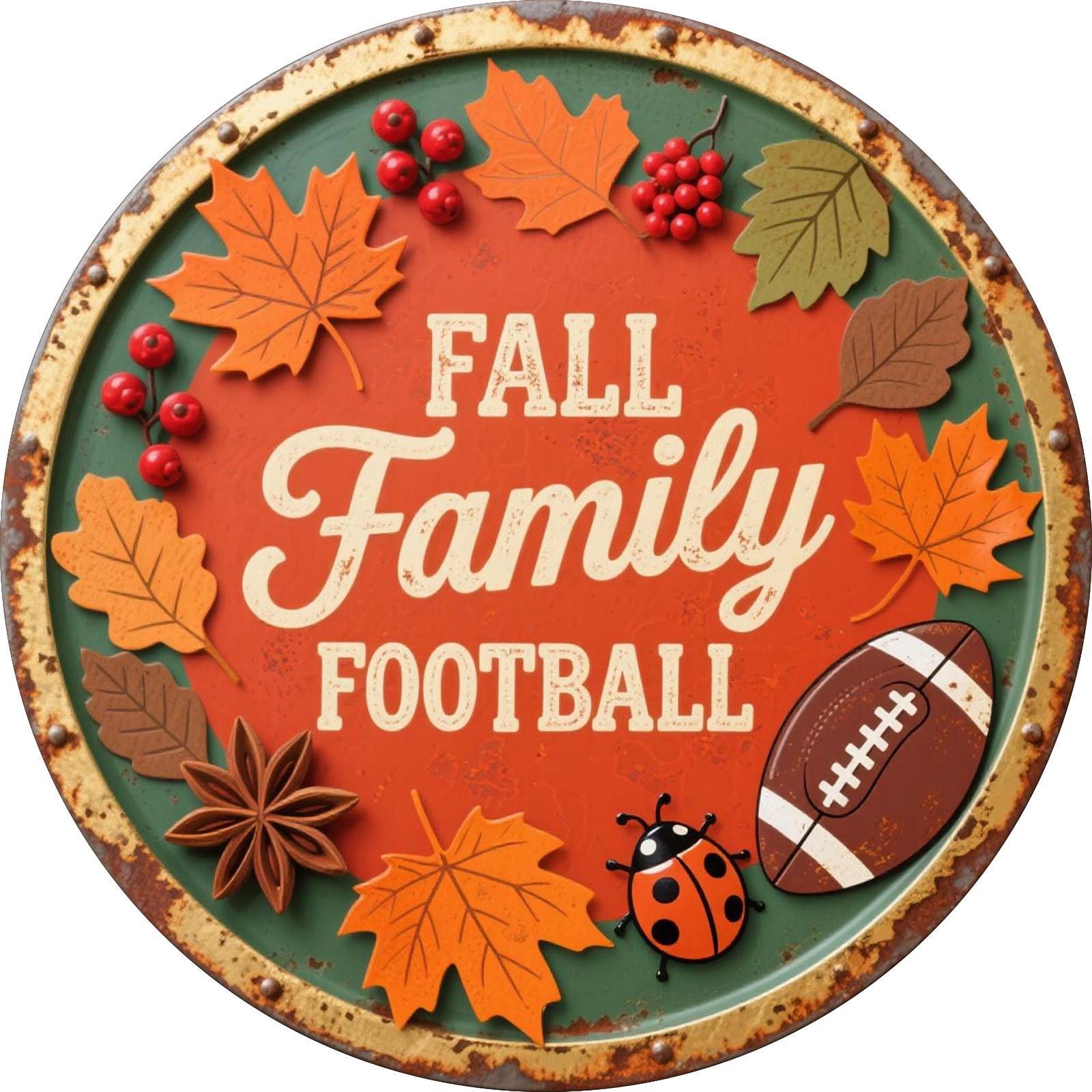 Fall Football Metal Sign: Rustic Autumn Leaves & Ladybug Decor
