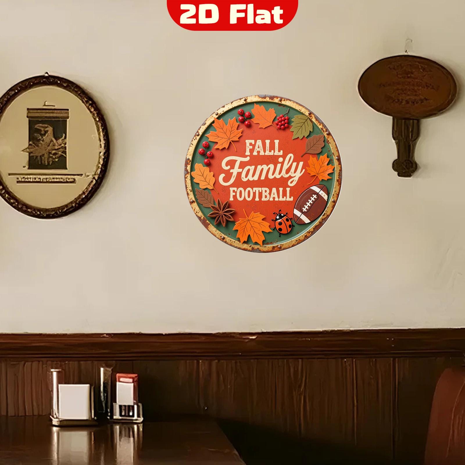 Fall Football Metal Sign: Rustic Autumn Leaves & Ladybug Decor