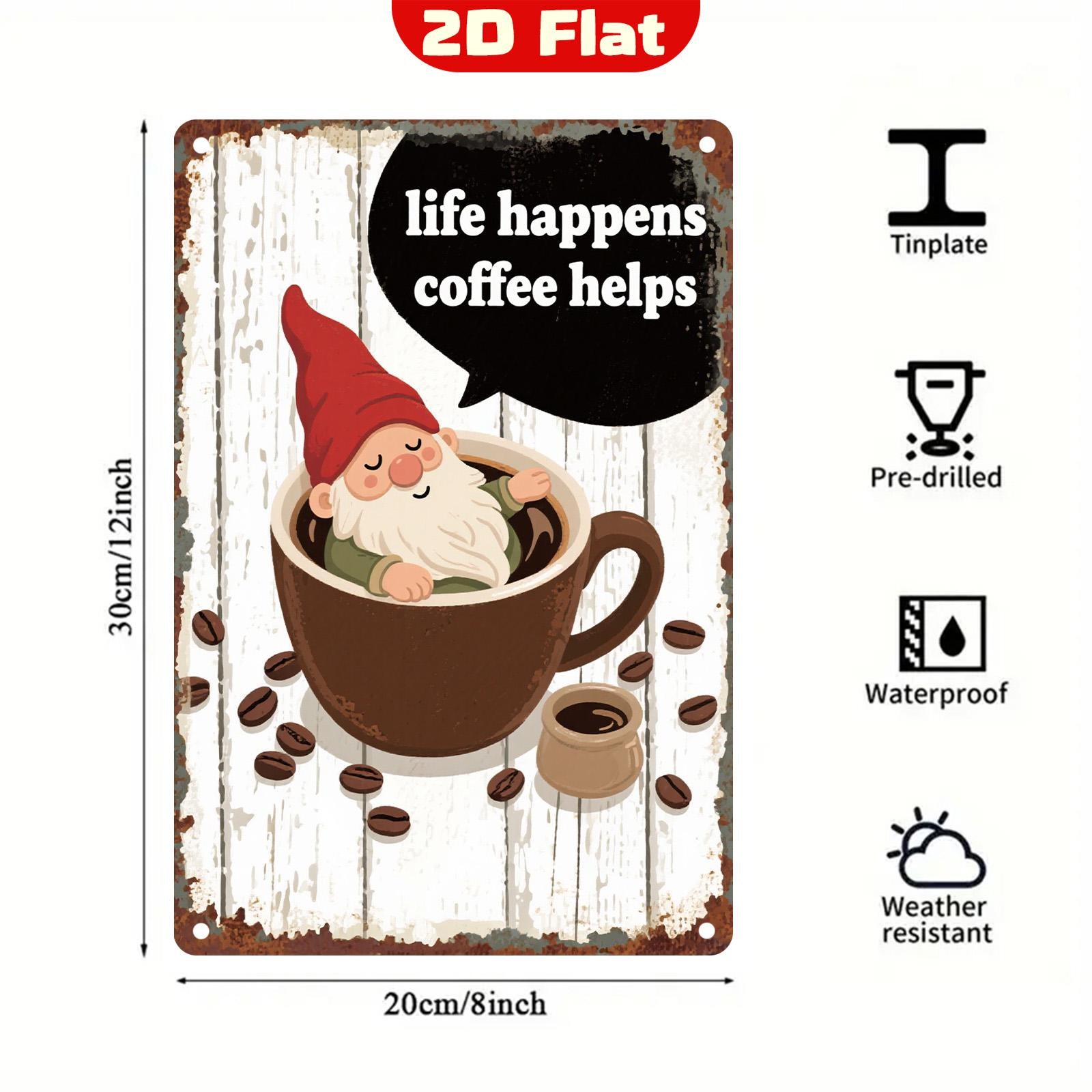 Retro Coffee Gnome Metal Sign - Kitchen Cafe Wall Art