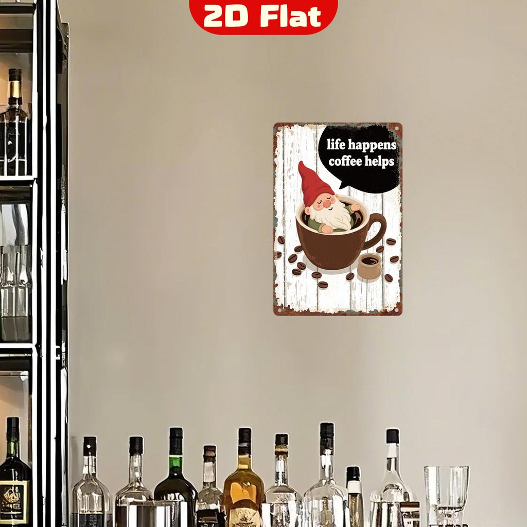 Retro Coffee Gnome Metal Sign - Kitchen Cafe Wall Art