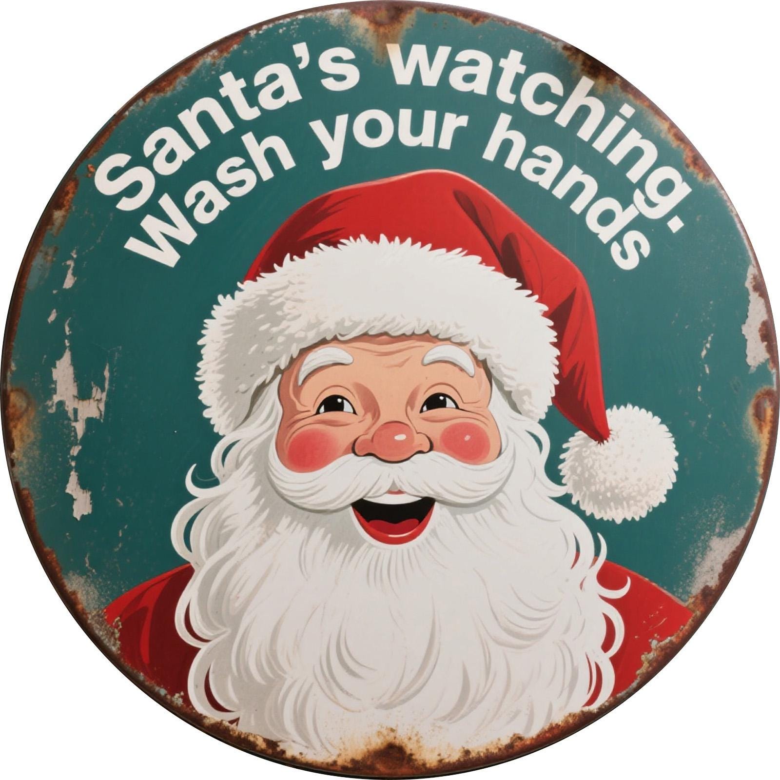 Vintage Santa Watching Metal Sign: Festive Christmas Holiday Decor