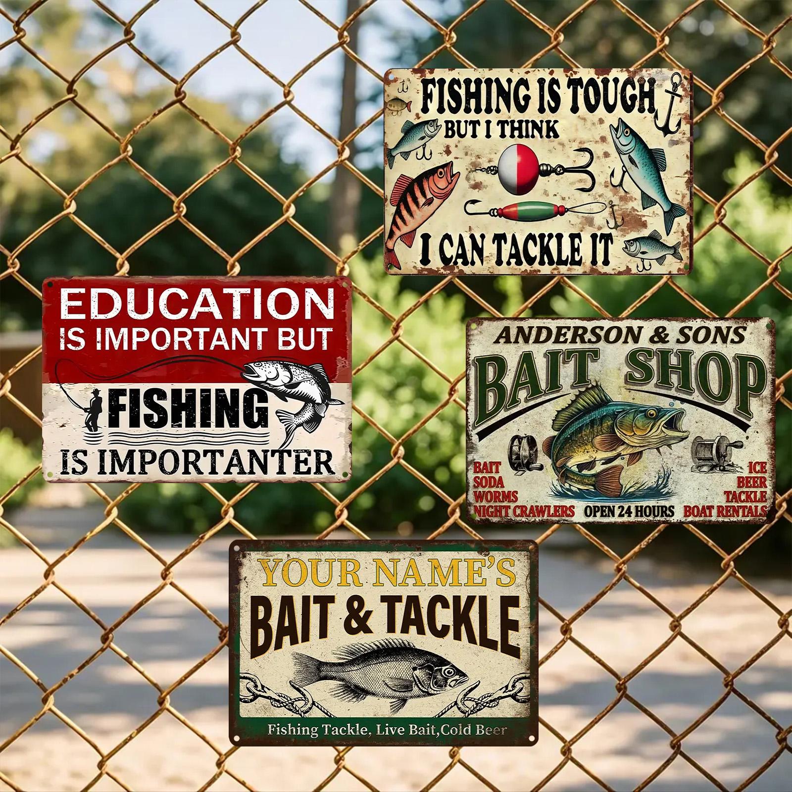 Vintage Fishing Metal Sign Set: Rustic Cabin Bar Garage Wall Decor