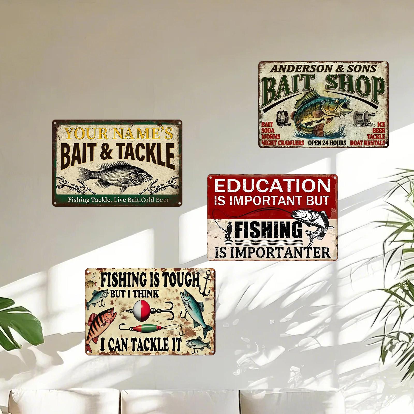 Vintage Fishing Metal Sign Set: Rustic Cabin Bar Garage Wall Decor