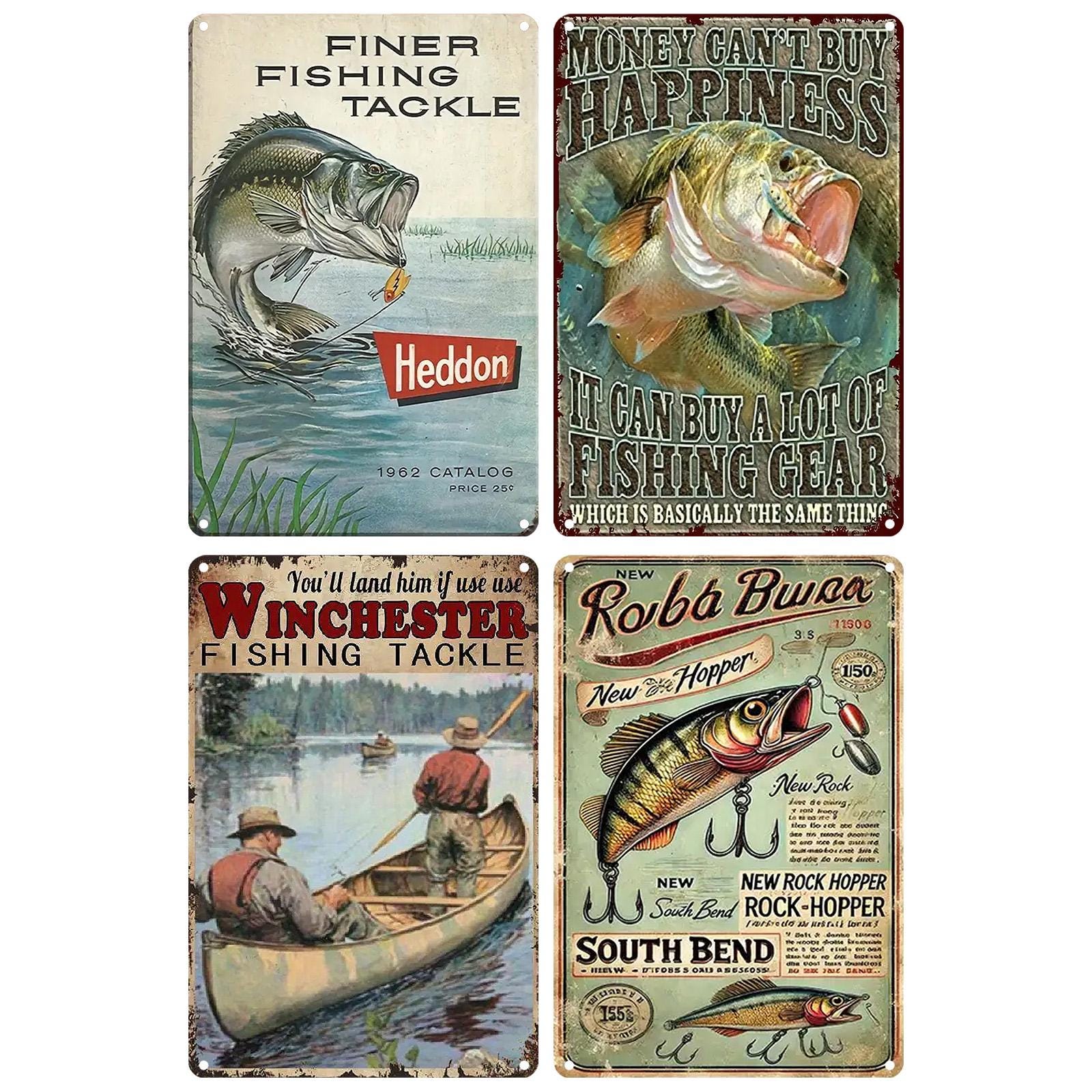 Vintage Fishing Metal Sign Set: Rustic Angler Wall Decor - 8x12