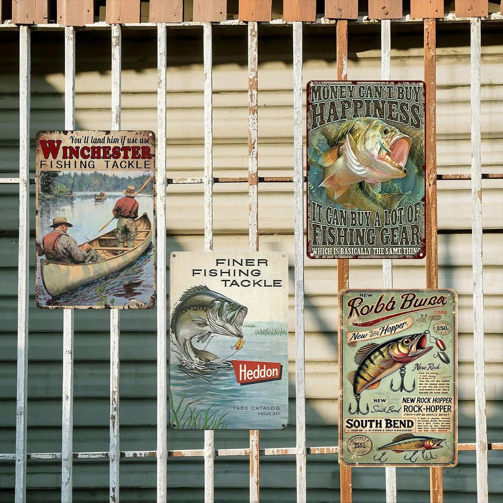 Vintage Angel-Metallschild-Set | Rustikale Angler-Wanddeko | 20x30 cm