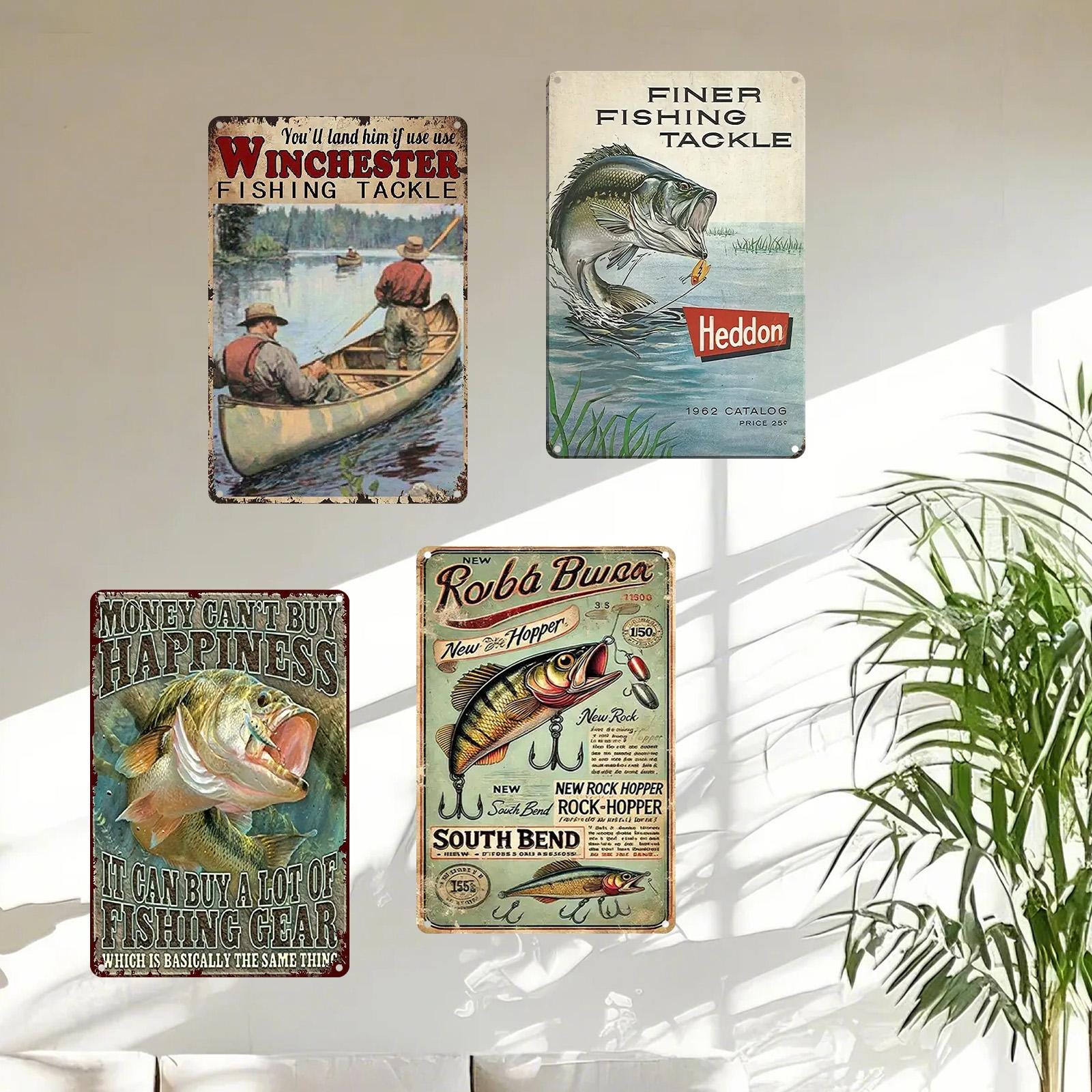 Vintage Fishing Metal Sign Set: Rustic Angler Wall Decor - 8x12