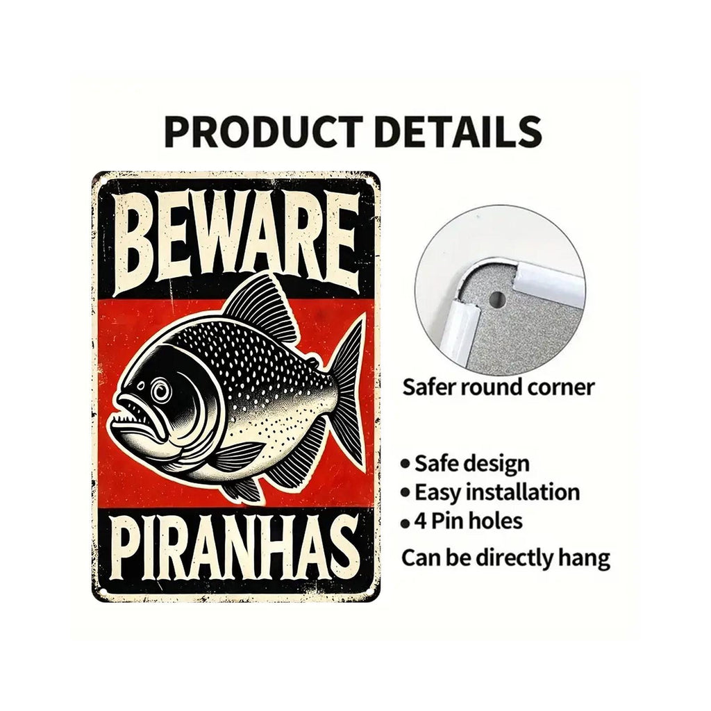 Vintage Fish Metal Sign: Piranha Warning Poster, Retro Kitchen Art