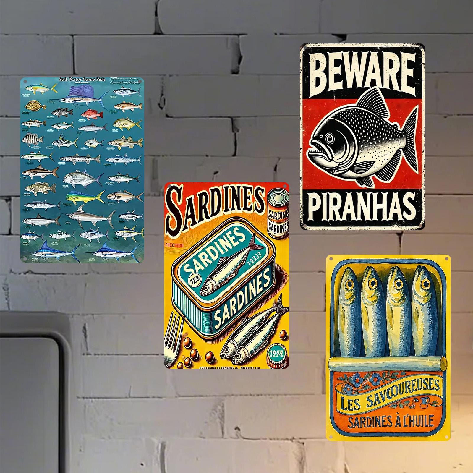Vintage Fish Metal Sign: Piranha Warning Poster, Retro Kitchen Art