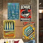 Vintage Fish Metal Sign: Piranha Warning Poster, Retro Kitchen Art