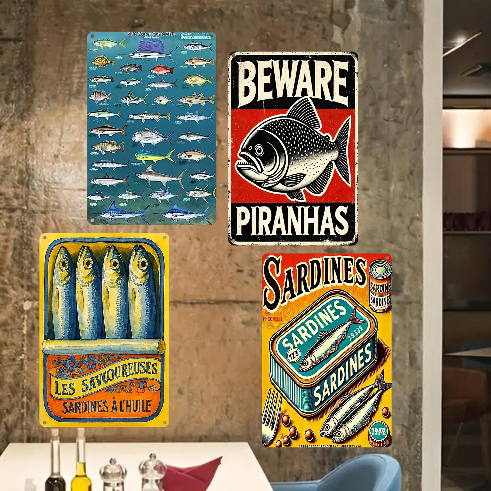 Vintage Fish Metal Sign: Piranha Warning Poster, Retro Kitchen Art