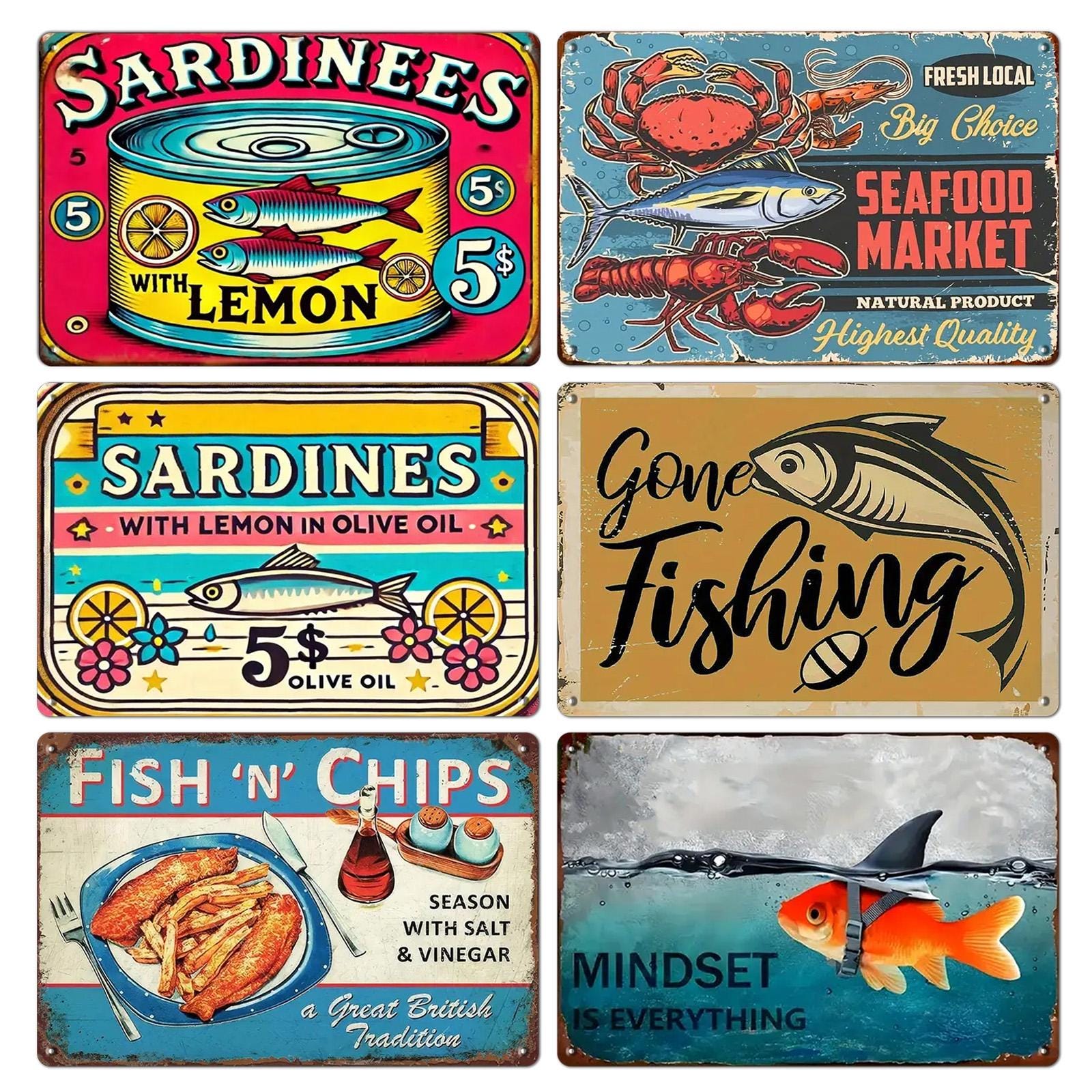 Retro Seafood Tin Sign: Fish Market, Sardines, & Chips Decor