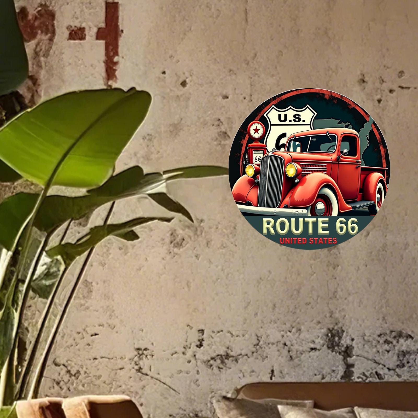 Vintage Route 66 Metal Sign: Retro Red Truck Garage Plaque