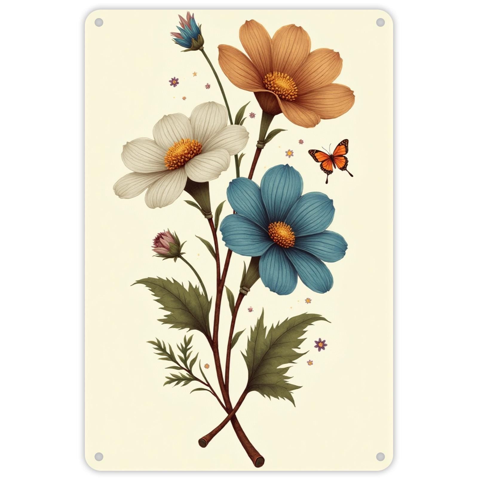 Vintage Blechschild Botanik | Blumen und Schmetterling Wandkunst