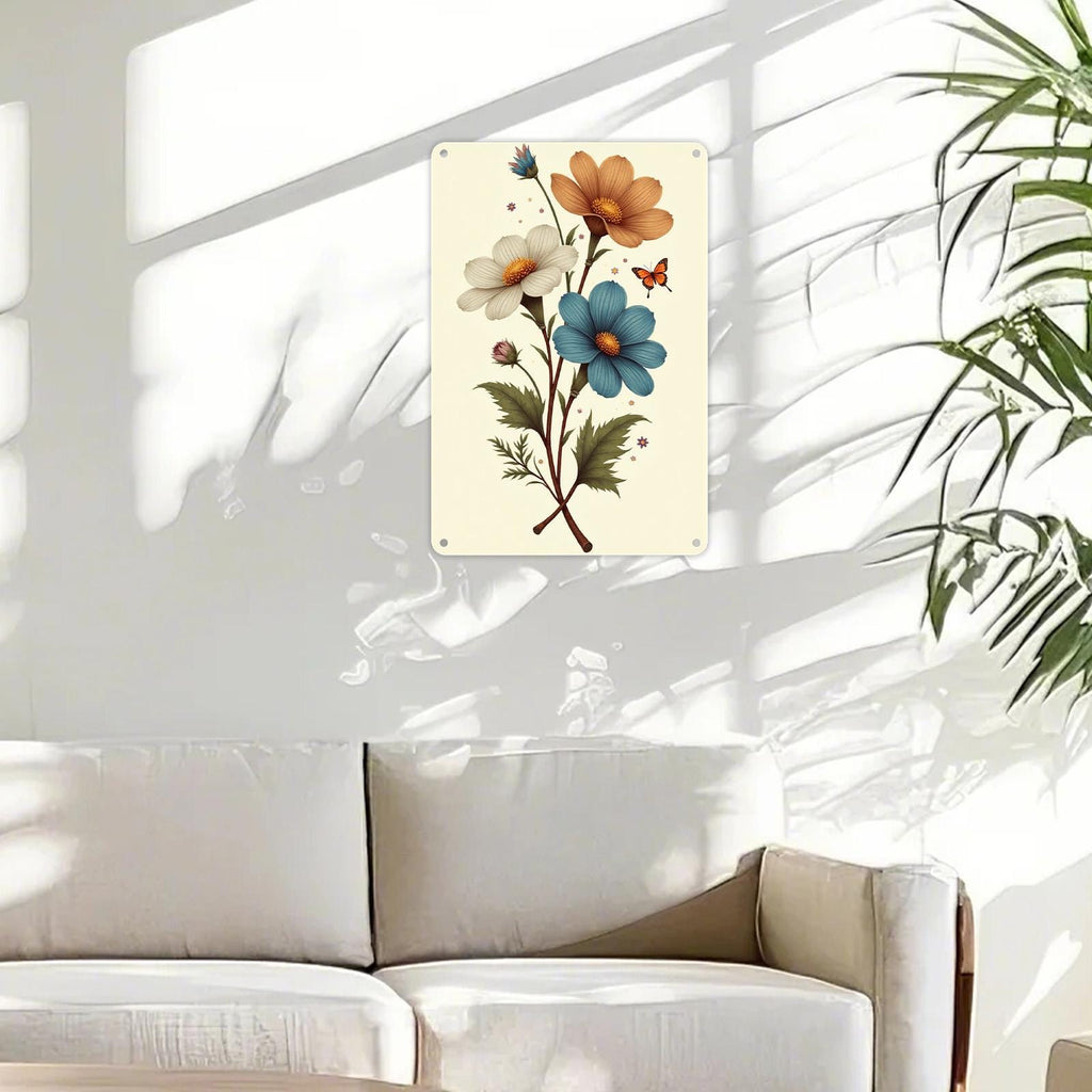 Vintage Blechschild Botanik | Blumen und Schmetterling Wandkunst