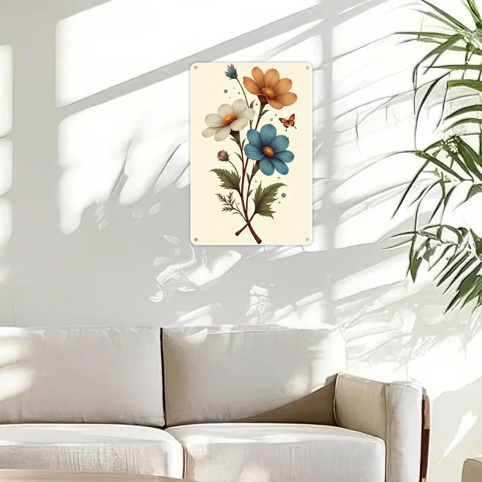 Vintage Blechschild Botanik | Blumen und Schmetterling Wandkunst