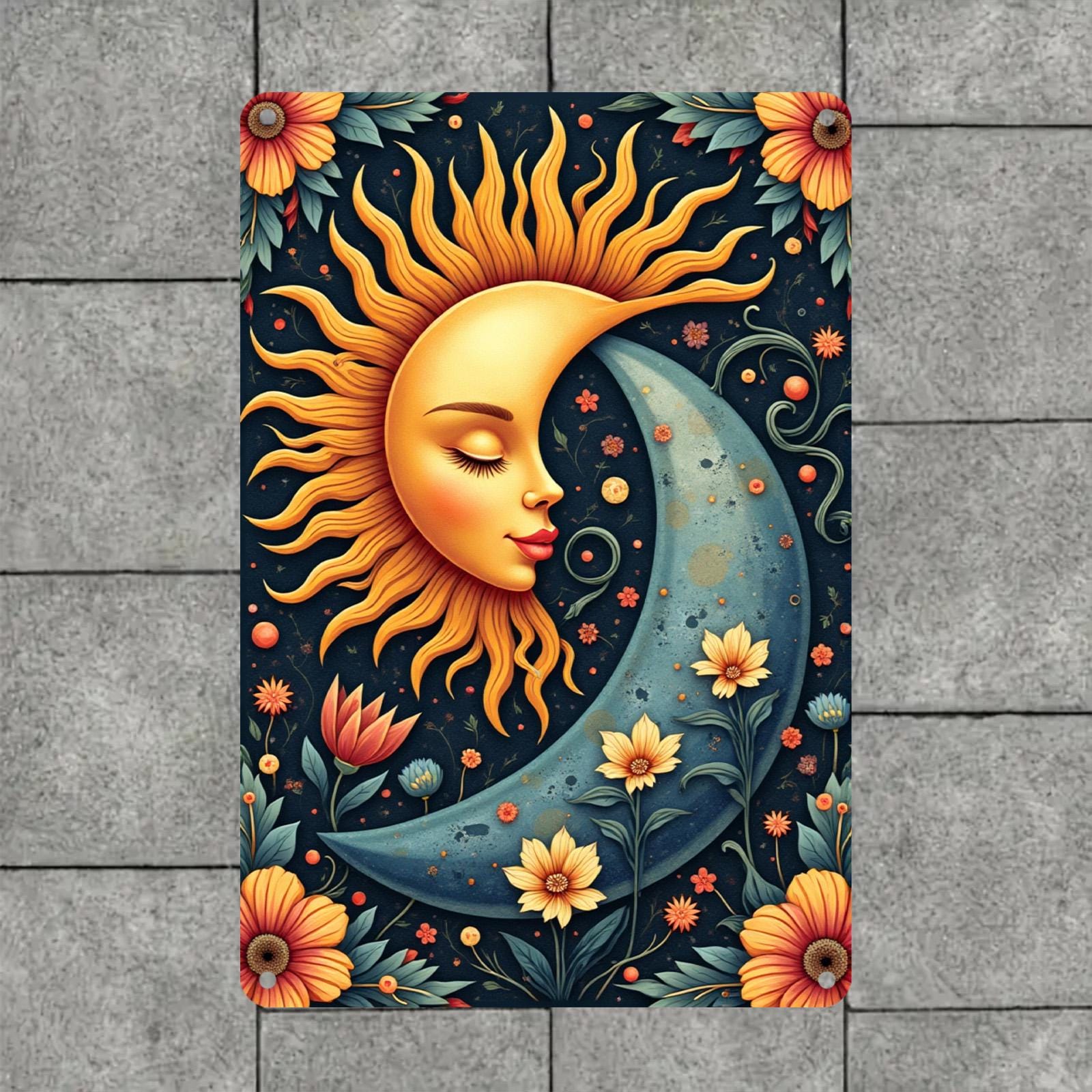 Celestial Sun and Moon Metal Wall Art: Boho Floral Tin Sign