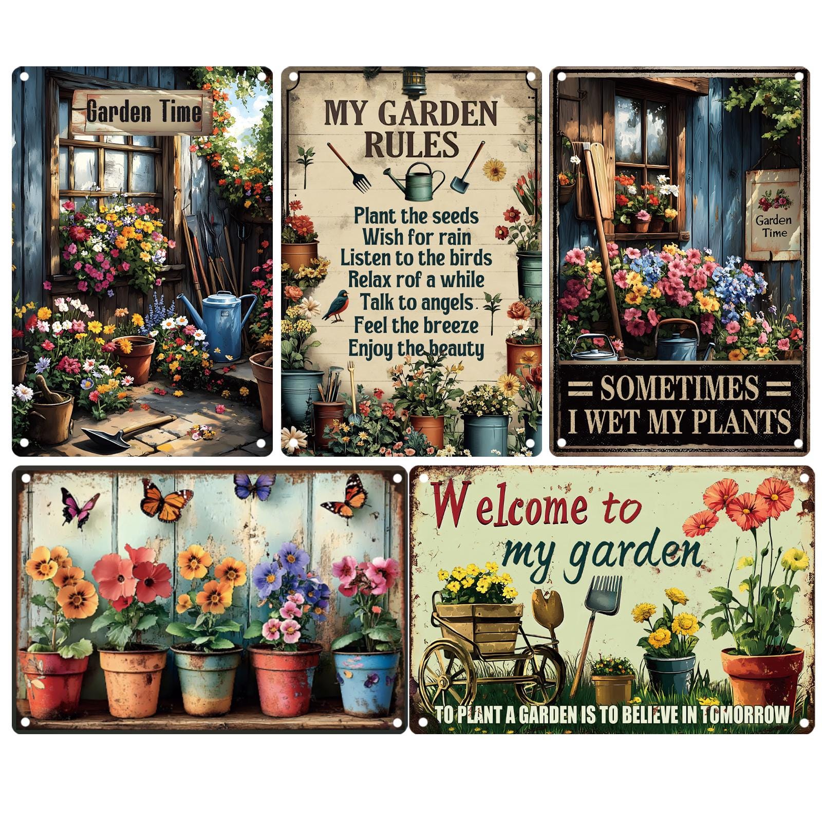 Vintage Garden Metal Sign Set: Floral & Humorous Patio Decor