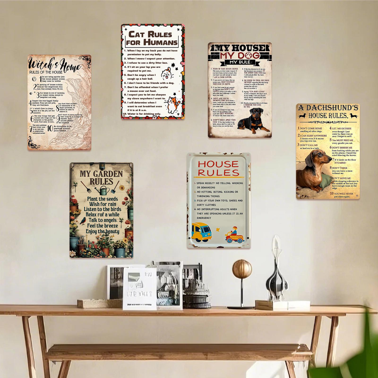 Farmhouse Garden Rules Metal Sign: Dachshund, Cat, Witch Home Decor (8x12)
