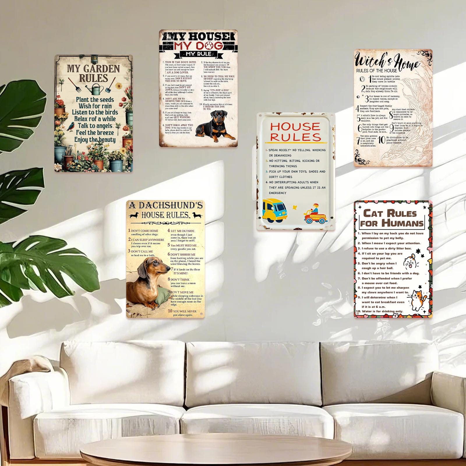 Farmhouse Garden Rules Metal Sign: Dachshund, Cat, Witch Home Decor (8x12)