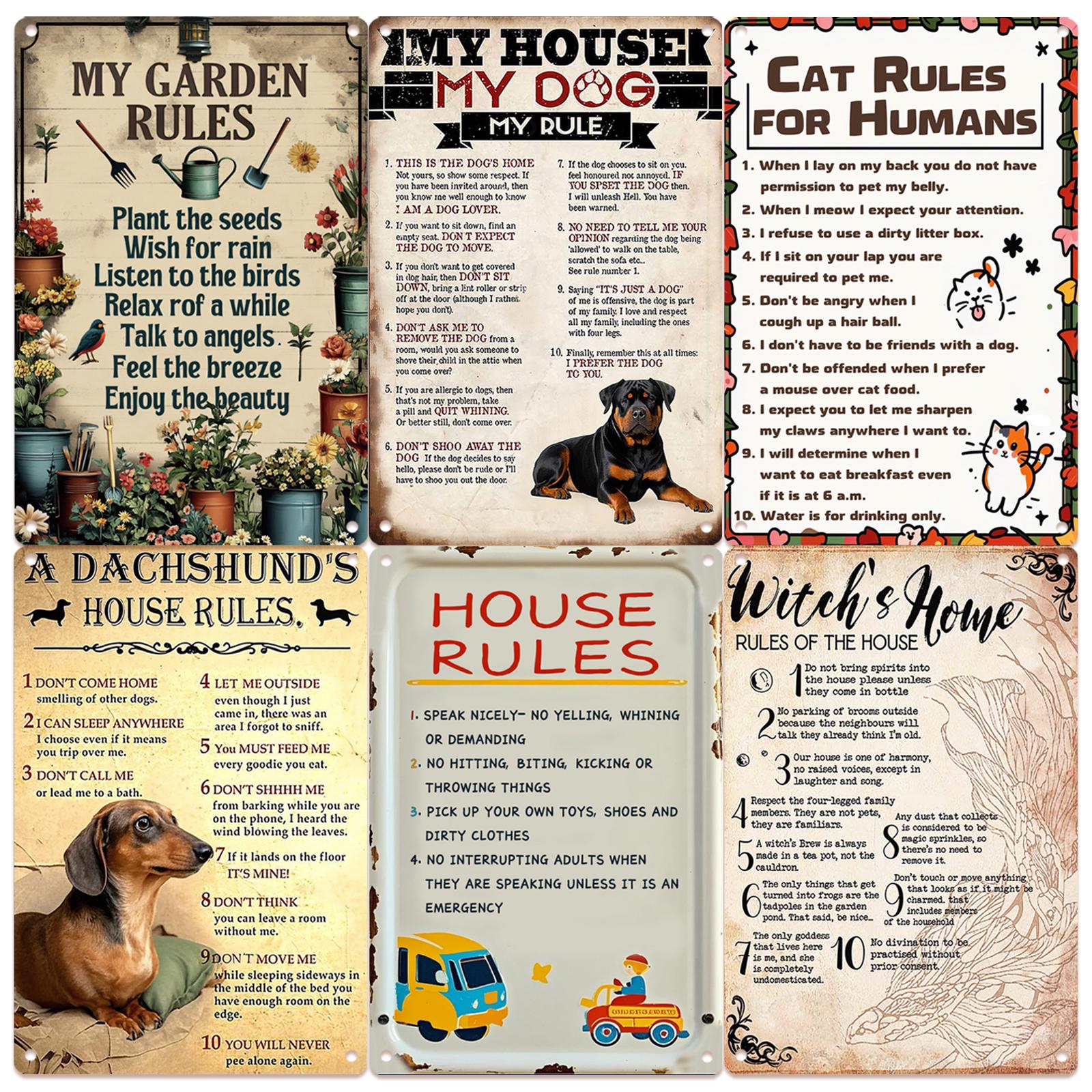 Farmhouse Garden Rules Metal Sign: Dachshund, Cat, Witch Home Decor (8x12)